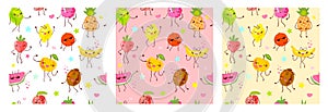Seamless pattern cute fruit characters. Child style, strawberry, raspberry, watermelon, lemon, banana pastel color