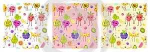 Seamless pattern cute fruit characters. Child style, strawberry, raspberry, watermelon, lemon, banana pastel color