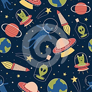 Seamless pattern with cute funny aliens and cat on galaxy with earth, planet, and stars. Background for children, kids, baby