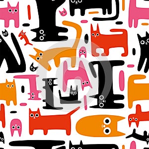Seamless pattern with cute funny cats, colorful and black kitten, cartoon style. Trendy modern vector illustration on