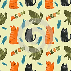 Seamless pattern of cute and funny colorful cats and toy fishes