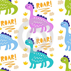 Seamless Pattern with cute funny dinosaur