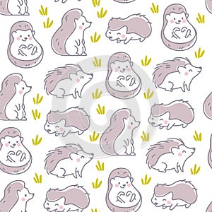 Seamless pattern with cute funny little hedgehogs isolated on white background.