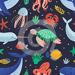 Seamless pattern with cute funny marine animals or happy underwater creatures living in sea. Ocean fauna. Flat cartoon