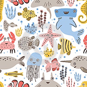 Seamless pattern with cute funny marine animals or underwater creatures on white background. Backdrop with happy sea and