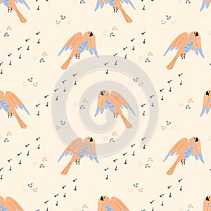 Seamless pattern, cute funny parrots, paw prints and leaves on a light background, pastel colors. Print, children\'s textiles