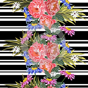 Seamless pattern with cute garden flowers on striped background.