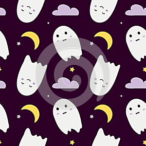 Seamless pattern with cute ghost, moon, cloud and star. Halloween dark spirits background