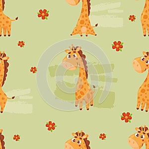Seamless pattern with cute giraffe on light green background with flowers in cartoon style. Vector illustration for