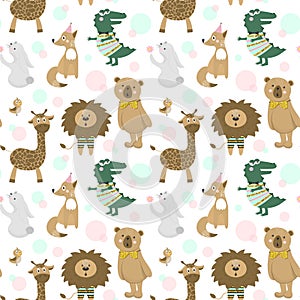 Seamless pattern with cute giraffe, rabbit, Fox, crocodile, lion, bird and bear.