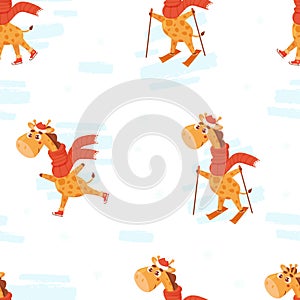 Seamless pattern with cute giraffes. Winter animal in scarf skiing, skating on white background. Vector illustration