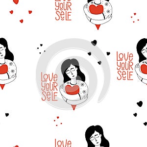 Seamless pattern with cute girl with big red heart hugging herself on white background. Vector illustration in hand