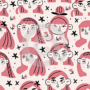 Seamless pattern cute girlish faces with different emotions. Ideal for children interiors, banners and posters. Vector