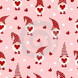 Seamless pattern with cute gnomes and hearts