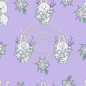 Seamless pattern with cute gray rabbits and large bouquet of flowers on light purple background. Vector illustration