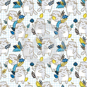 Seamless pattern with cute grey cats and leaves - cartoon background for textile and wrapping design 2