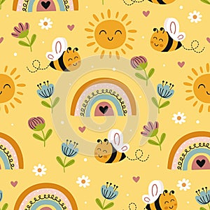 Seamless pattern with cute happy bee and rainbow