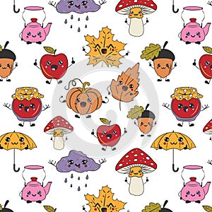 Seamless pattern with Cute happy funny characters with kawaii eyes.