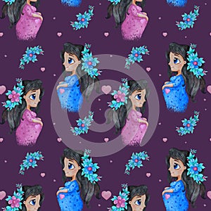 Seamless pattern. Cute happy pregnant girl with a bouquet in long dark hair in blue and pink dress on a dark purple