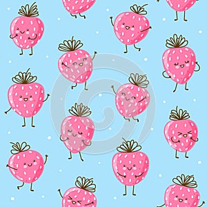 Seamless pattern with cute happy strawberries on blue