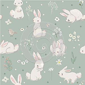 Seamless pattern with cute hares with balloons