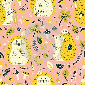 Seamless pattern with a cute hedgehog among the leaves, cones, berries, flowers and mushrooms photo