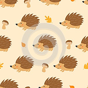 Seamless pattern with cute hedgehog, mushrooms and autumn leaves in cartoon style.