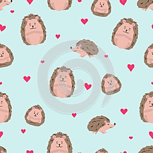 Seamless pattern with cute hedgehogs and hearts, animal print. Hand-drawn, cartoon style, children's background, vector