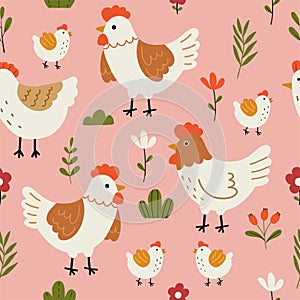 Seamless pattern with cute hen, chicks, flowers and leaves for your fabric, children textile, apparel, nursery decoration, gift