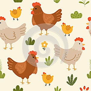 Seamless pattern with cute hen, chicks, flowers and leaves for your fabric, children textile, apparel, nursery decoration, gift