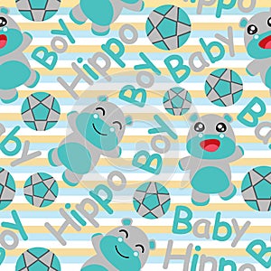 Seamless pattern of cute hippo boy and ball on striped background Vector cartoon illustration suitable for fabric clothes design