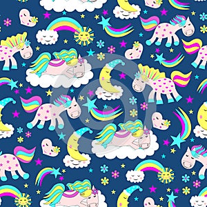 Seamless pattern of cute horses lying on the clouds, a rainbow emerging from the clouds, the sun, the moon in the form