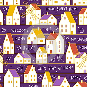 Seamless pattern with cute houses and windmills - cartoon town background for textile and wallpaper and wrapping design 4