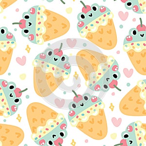 Seamless pattern of cute ice cream smile frog head with cherry on white background