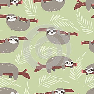 Seamless pattern with cute jungle sloths on green background photo