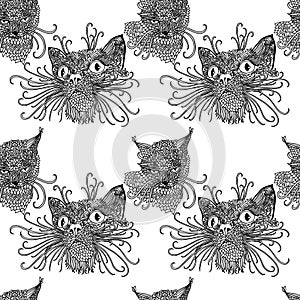 Seamless pattern with cute kats. Cat background in mandala style. Black and white vector illustration.