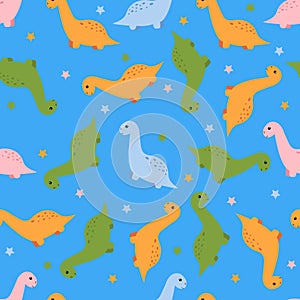 Seamless pattern with cute kawaii dinosaur. Vector illustration.
