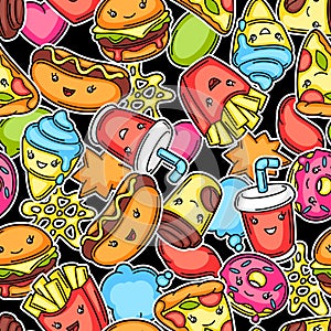 Seamless pattern with cute kawaii fast food meal.