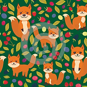 Seamless pattern cute kawaii fox, Cherry Strawberry Raspberry Blackberry Blueberry Cranberry Cowberry Goji Grape isolated on dar