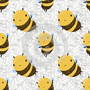 Seamless pattern Cute Kawaii Honey Bee flying in the flowers