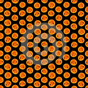 Seamless pattern cute Kawaii orange peach apricot with wink eyes and pink cheeks, on black background trend of the season. Can be