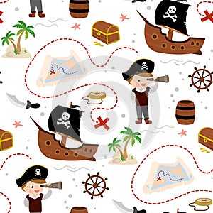 Seamless pattern with cute kid boy pirate. Cartoon child uses spyglass. Treasure hunt texture background. Different pirates