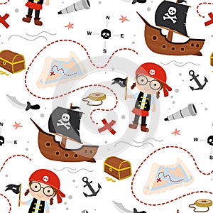 Seamless pattern with cute kid girl pirate. Cartoon child holding flag. Treasure hunt texture background. Different pirates