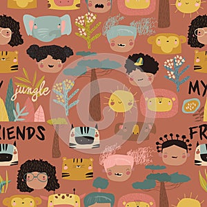 Seamless pattern with cute kids faces and jungle animals