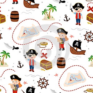 Seamless pattern with cute kids pirates. Cartoon children with sword and old map. Treasure hunt texture background. Different