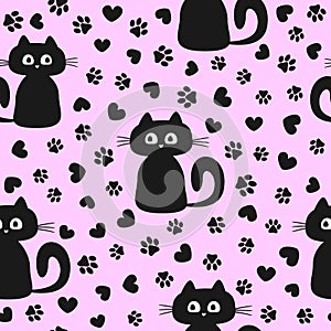 Seamless pattern with cute kittens and silhouettes of hearts and cat`s paws.