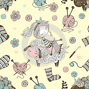 Seamless pattern with a cute knitter girl and a little sheep on the theme of knitting. Vector