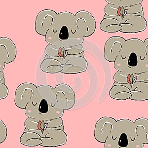 Seamless pattern with cute koala baby on color background. Funny australian animals. Card, postcards for kids. Flat