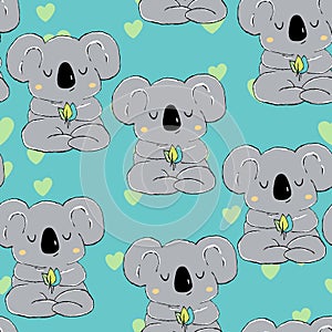 Seamless pattern with cute koala baby on color background. Funny australian animals. Card, postcards for kids. Flat