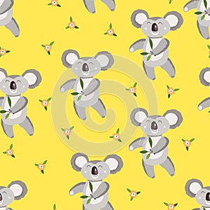 Seamless pattern with cute koala baby and flowers on color background. Funny australian animals. Card, postcards for photo